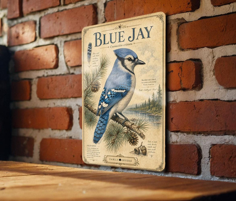 A vintage-style metal sign featuring a blue jay bird on a branch, mounted on a brick wall.