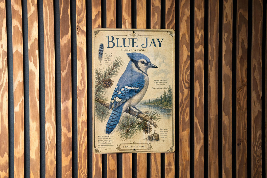 A vintage-style poster of a blue jay bird is displayed on a wooden wall.