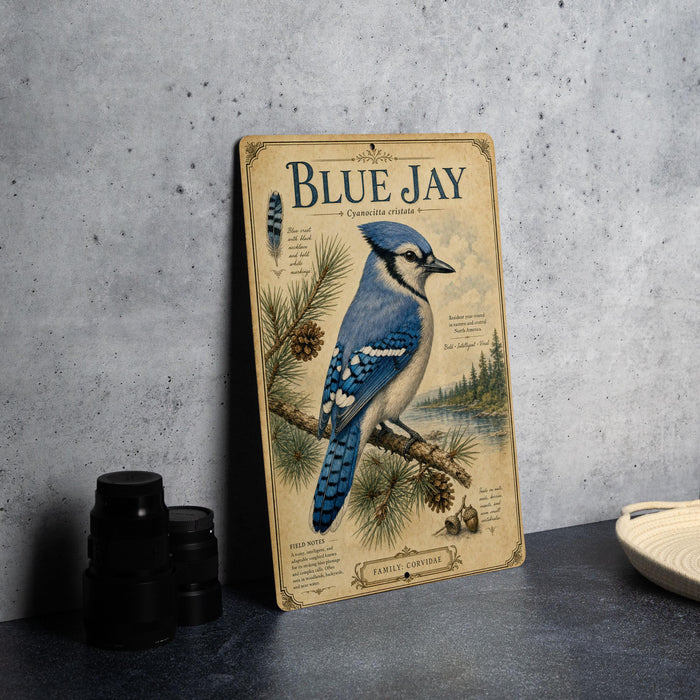 A vintage-style poster of a blue jay bird is displayed on a wall, accompanied by a few black camera lenses.