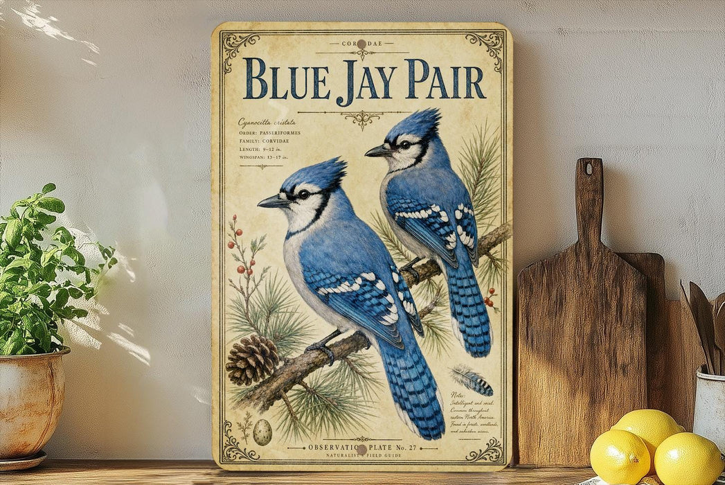 A vintage-style poster featuring two blue jays perched on a branch, with pine cones and other natural elements, is displayed on a shelf next to a wooden cutting board and some lemons.