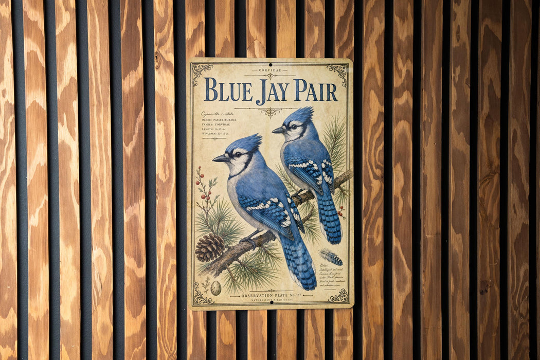 A vintage-style metal sign with illustrations of two blue jays perched on a branch, mounted on a wooden wall.