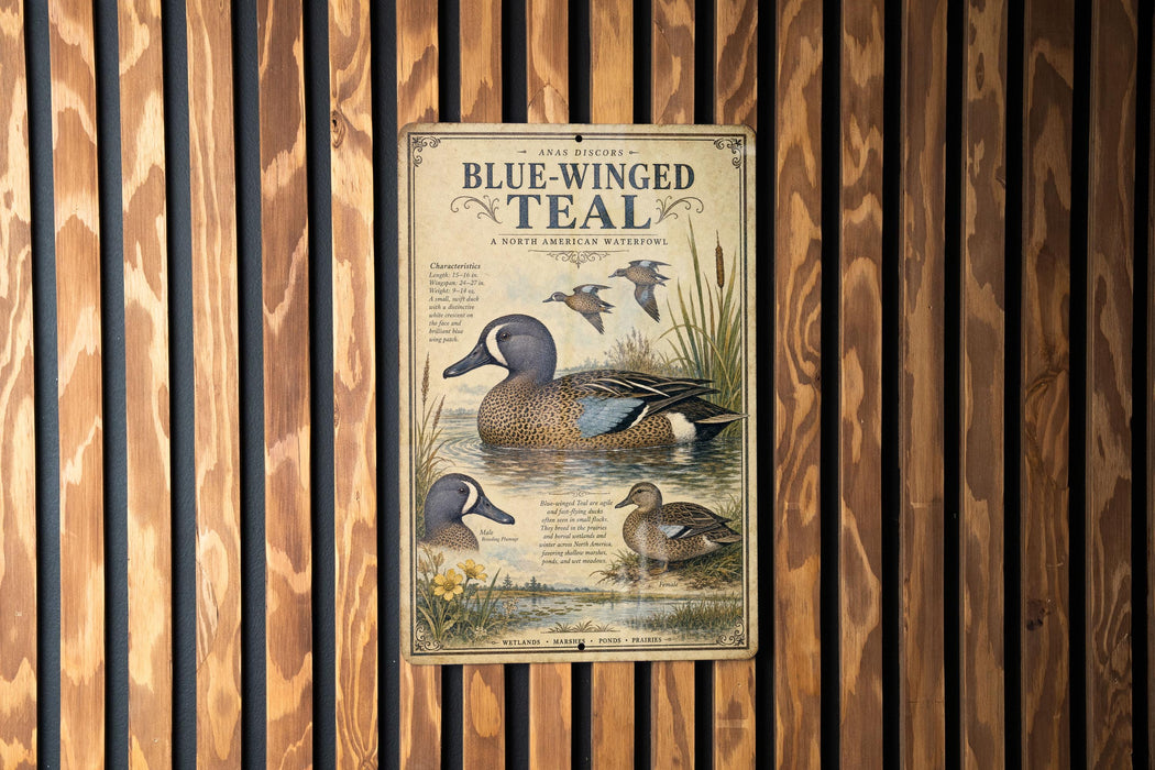a vintage-style poster or sign with illustrations of blue-winged teal ducks, displayed on a wooden wall.