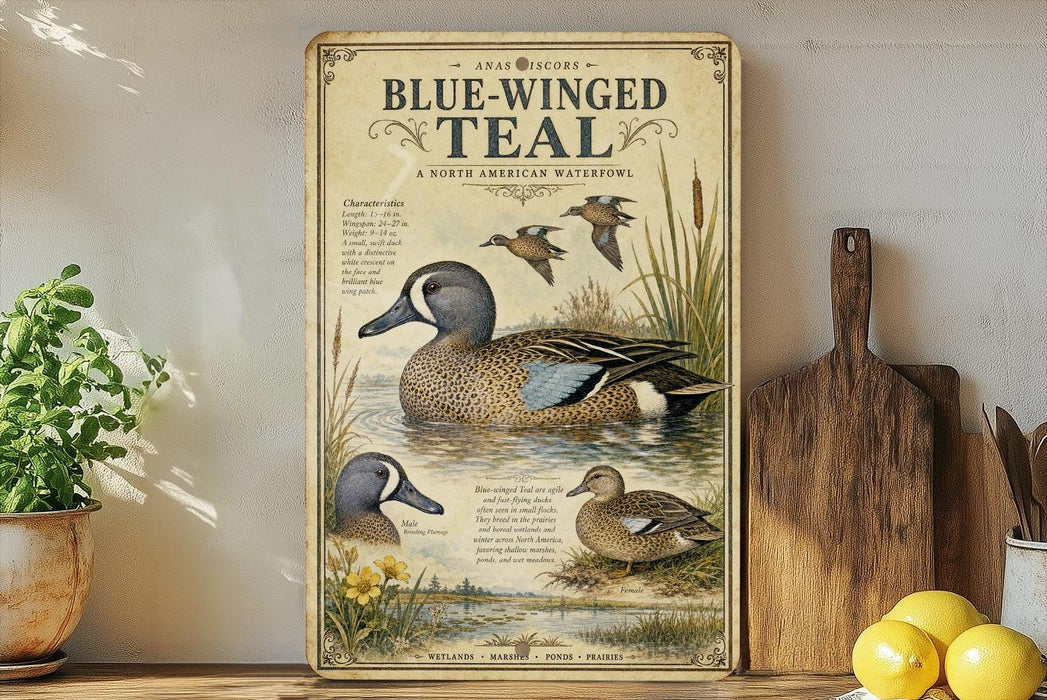 a vintage-style illustration of a blue-winged teal waterfowl, with accompanying text describing the bird's characteristics and habitat.