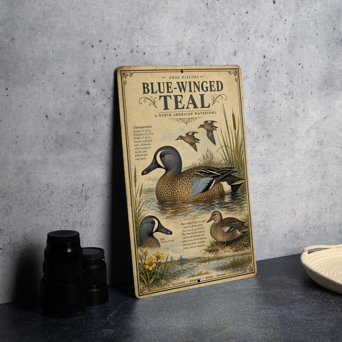 A vintage-style metal sign with illustrations of blue-winged teal ducks and text describing the species.
