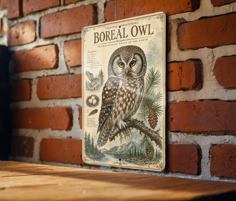 a vintage-style metal sign with an illustration of a Boreal Owl perched on a branch, surrounded by pine cones and pine trees. The sign is mounted on a brick wall, and there is a wooden table below it.