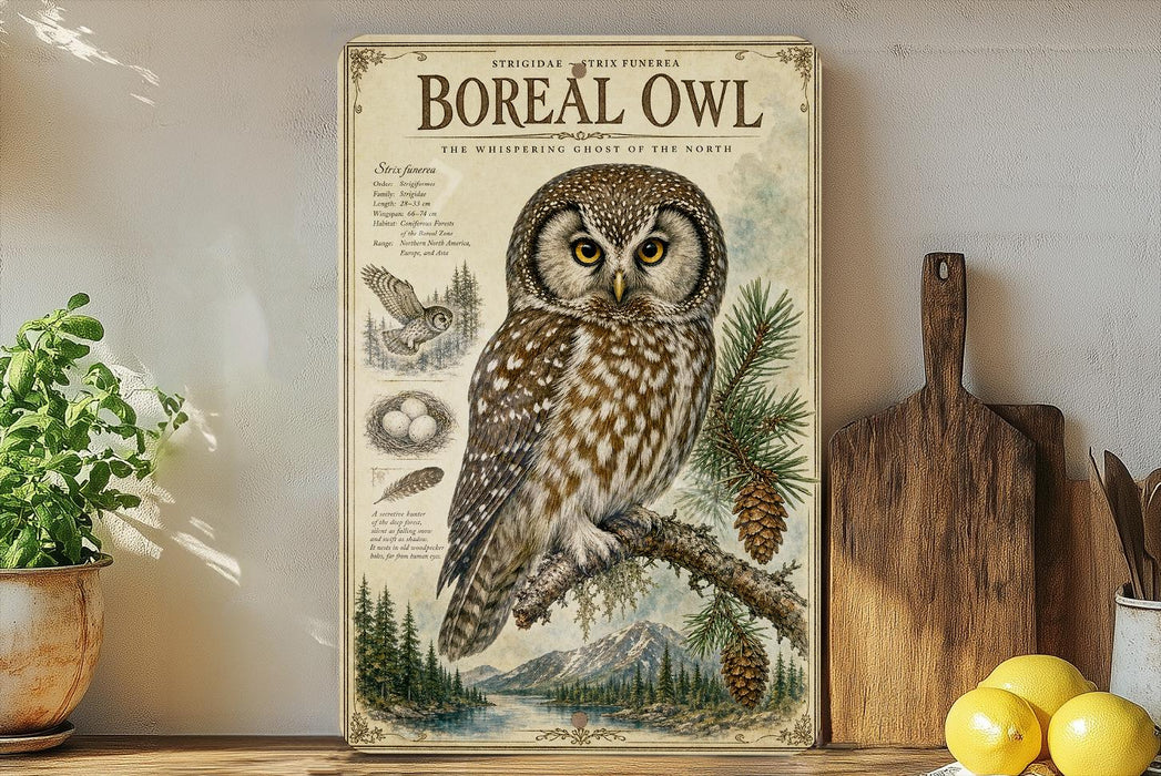 a vintage-style poster of a Boreal Owl, a species of owl native to North America, displayed on a wall. The poster includes illustrations and text about the owl, such as its physical features, habitat, and behavior. The poster is surrounded by various kitchen items, including a cutting board, a knife, a bowl, and a potted plant, creating a homely and rustic atmosphere.