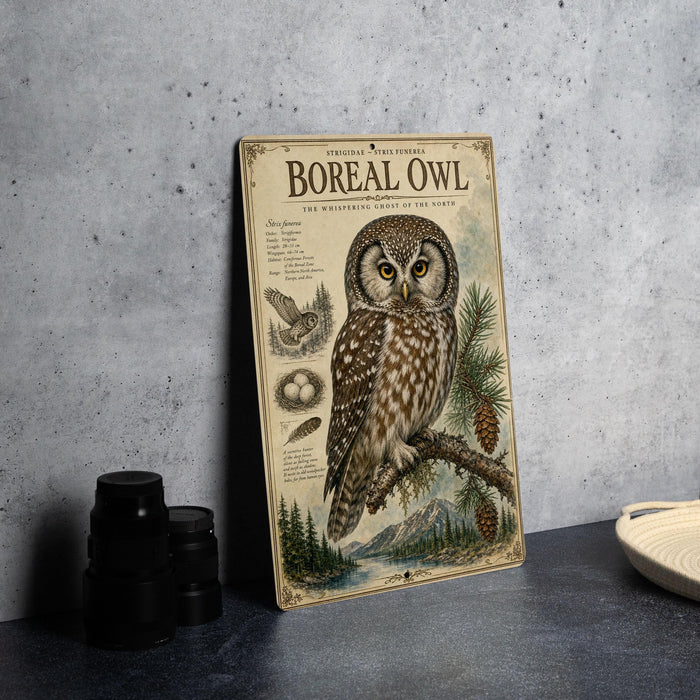 a vintage-style illustration of a real owl, with detailed illustrations of the owl's features and natural surroundings.
