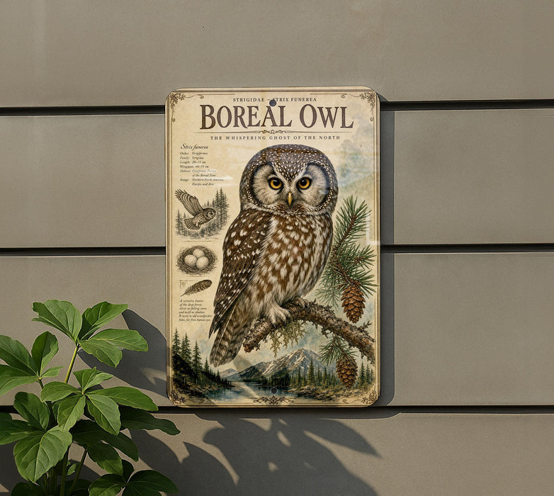 a vintage-style metal sign with an illustration of a Stryde's Boreal Owl, a species of owl native to North America. The sign is mounted on a gray wall, and there is a plant to the left of the sign.