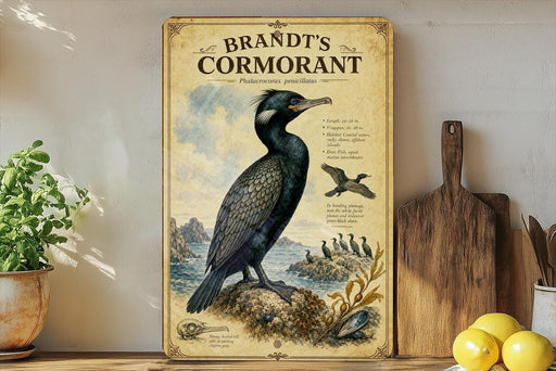 A vintage-style poster of a cormorant bird, featuring detailed illustrations and text, is displayed on a shelf next to a wooden cutting board and some kitchen utensils.