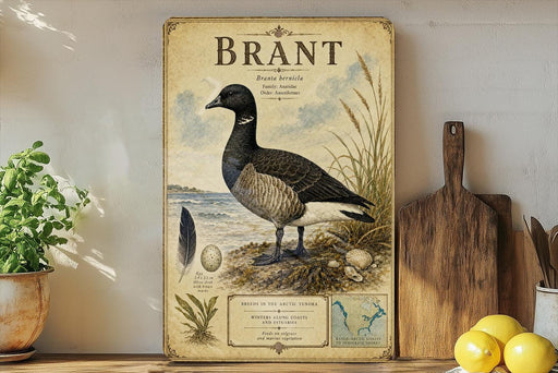 A framed illustration of a brant bird, a type of water bird, is displayed on a shelf next to a wooden cutting board and some potted plants.
