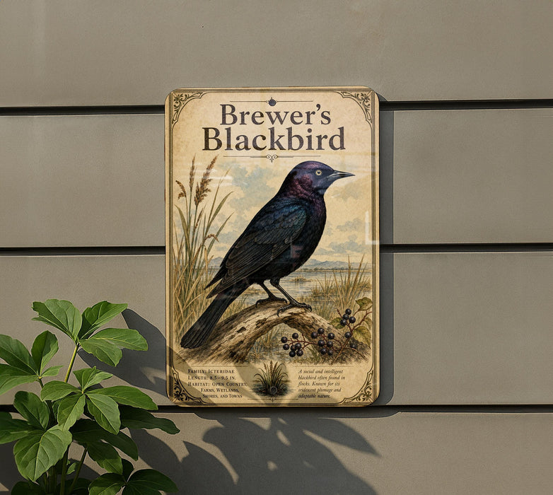 A vintage-style metal sign with an illustration of a blackbird perched on a branch, mounted on a wall.