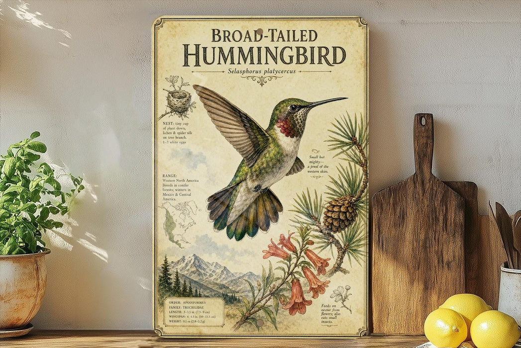 a framed illustration of a broad-tailed hummingbird, with a detailed illustration of the bird in flight and surrounding flora.