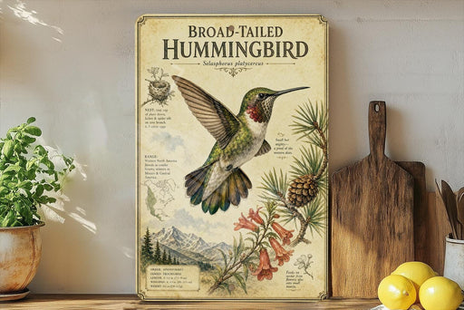 a framed illustration of a broad-tailed hummingbird, with a detailed illustration of the bird in flight and surrounding flora.