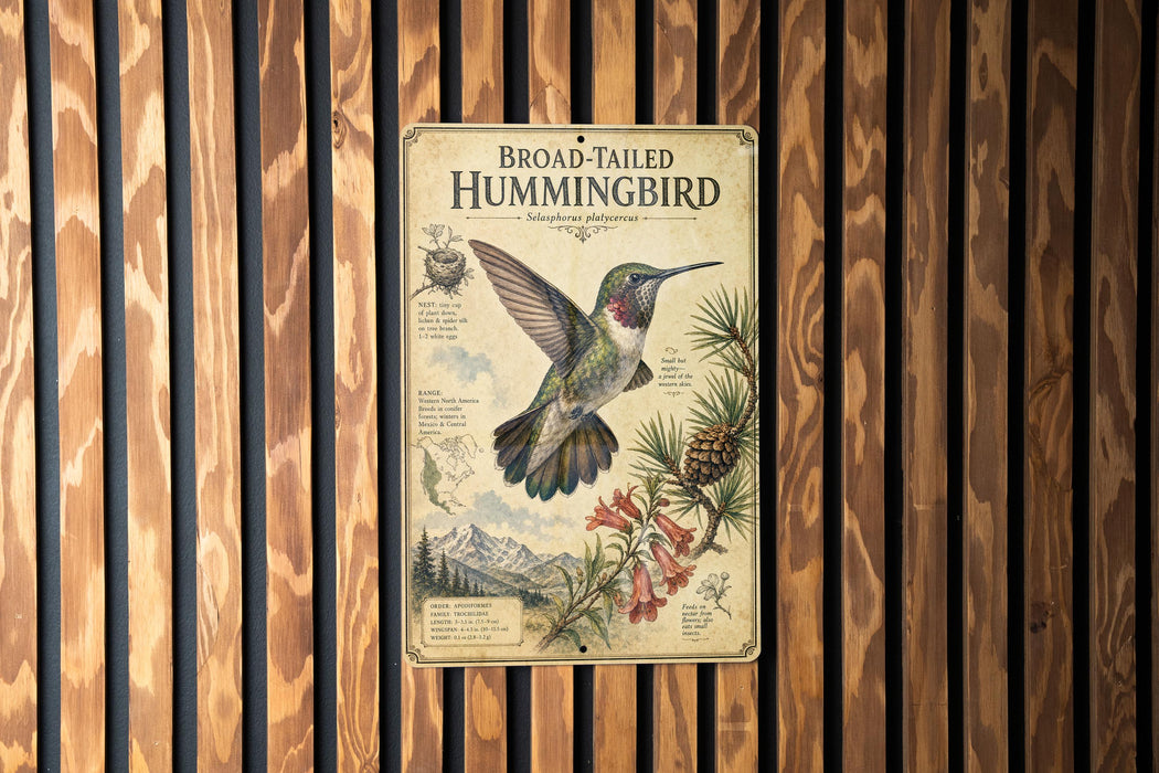 a metal sign with a detailed illustration of a hummingbird, mounted on a wooden wall.