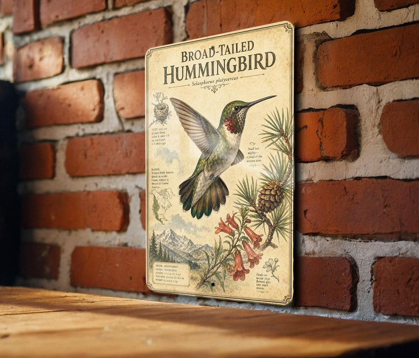 a vintage-style metal sign with a detailed illustration of a hummingbird, mounted on a brick wall.