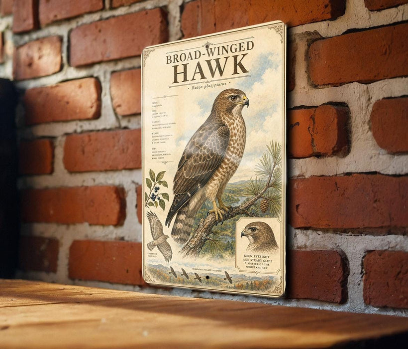 a metal sign with an illustration of a broad-winged hawk perched on a branch, mounted on a brick wall.