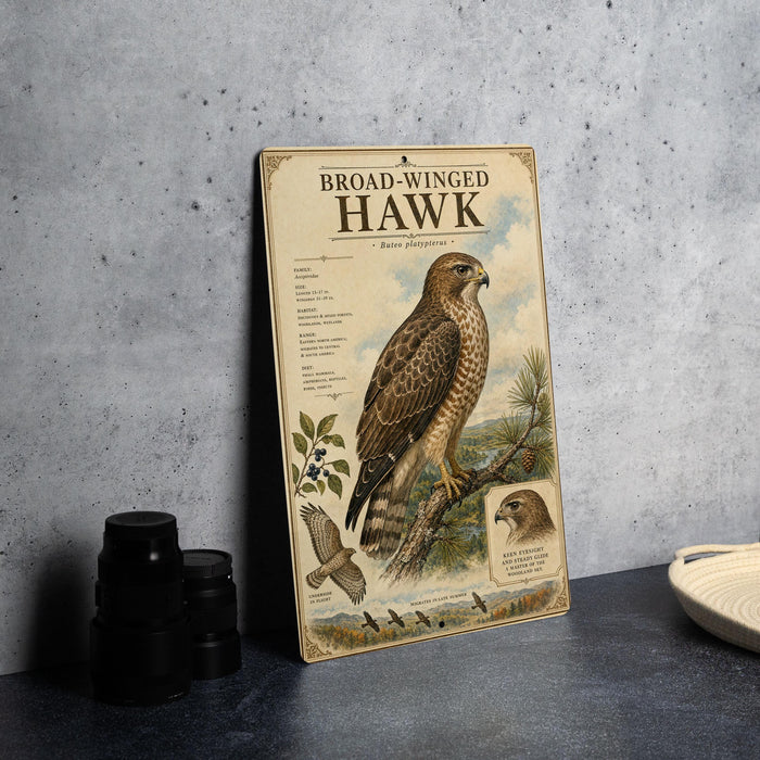 a framed illustration of a broad-winged hawk, with a detailed illustration of the bird and its natural habitat.