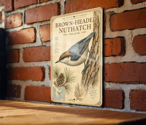 a vintage-style metal sign with illustrations and text, mounted on a brick wall.