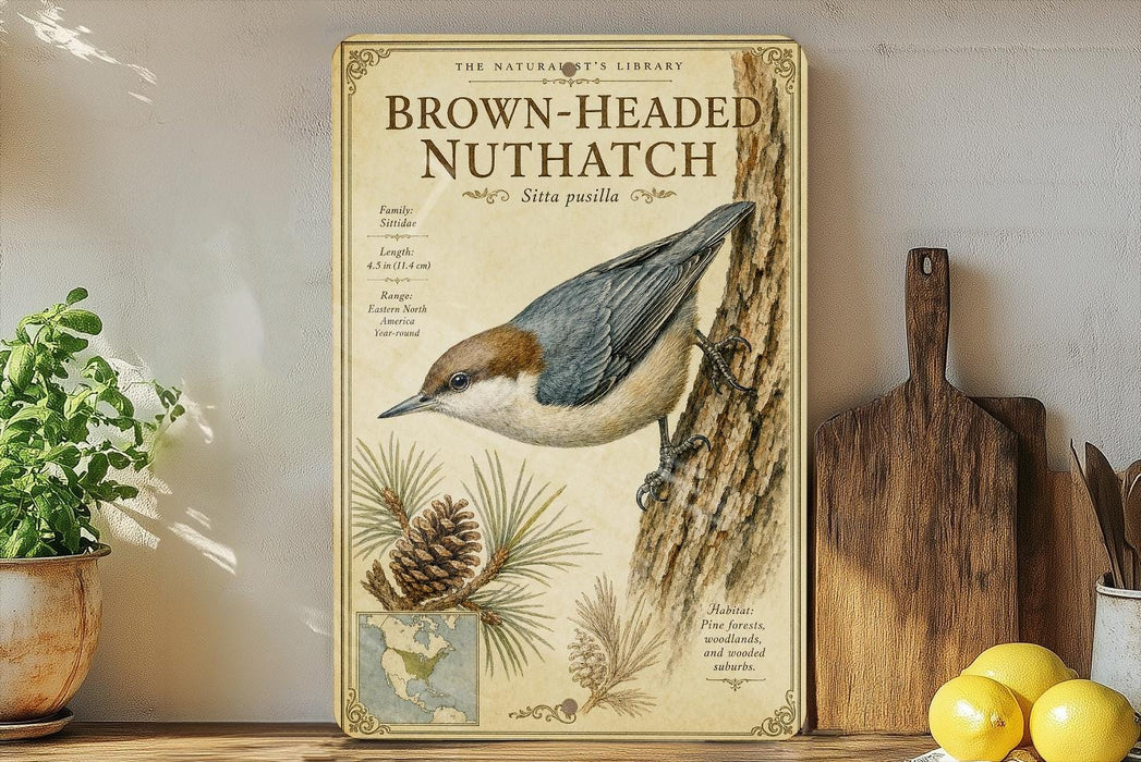a vintage-style poster of a brown-headed nuthatch, a type of bird, displayed on a shelf next to a wooden cutting board and some potted plants.