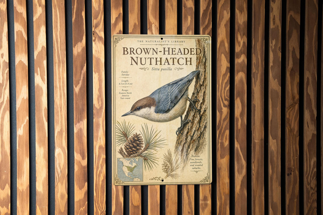 a poster for "Brown-Headed Nuthatch" hanging on a wooden wall.