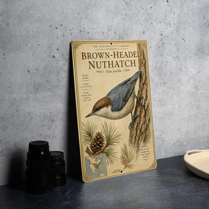 a book cover for "Brown-Headed Nut Hatch" by the Naturalist's Library, with a detailed illustration of a nut-headed woodpecker perched on a tree trunk.