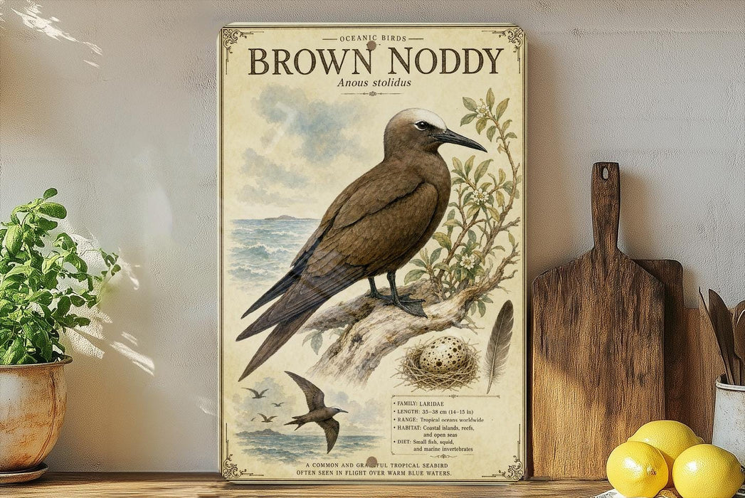 A vintage-style poster of a brown nody bird, featuring illustrations of the bird, its nest, and other elements, is displayed on a shelf next to a wooden cutting board and a potted plant.