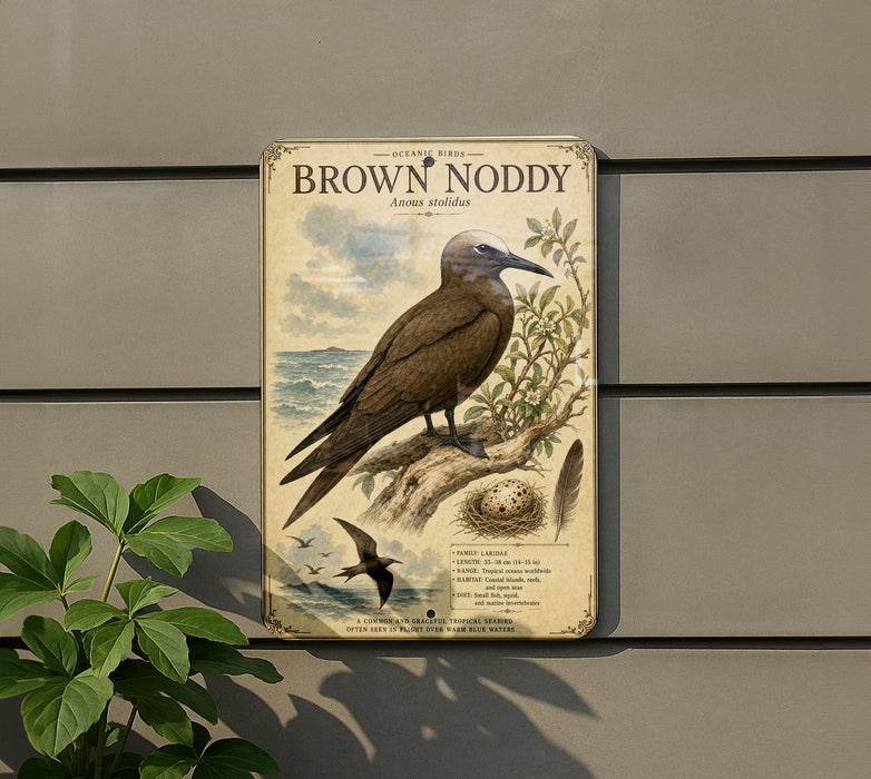 a vintage-style metal sign with a bird illustration, mounted on a wall next to a plant.