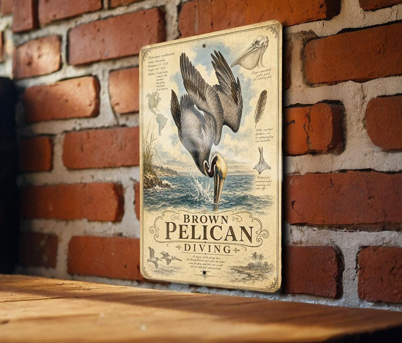 A vintage-style metal sign featuring an illustration of a pelican diving into the water, mounted on a brick wall.