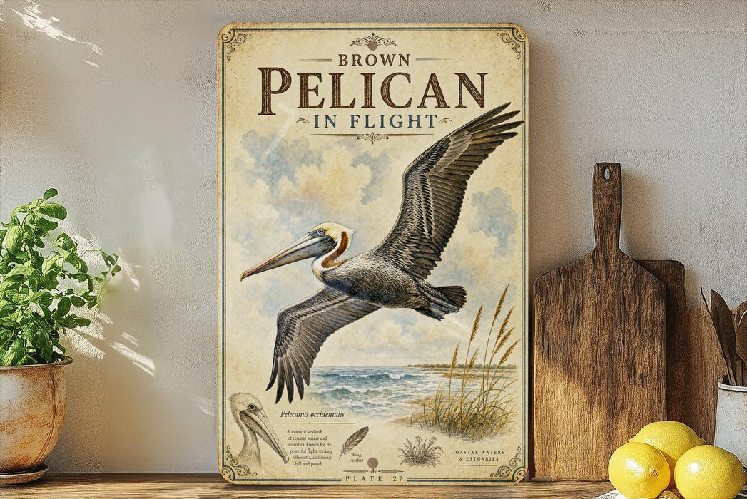 A vintage-style poster of a pelican in flight, featuring illustrations of the bird and its natural habitat, is displayed on a wall next to a wooden cutting board and some potted plants.