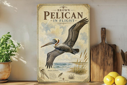 A vintage-style poster of a pelican in flight, featuring illustrations of the bird and its natural habitat, is displayed on a wall next to a wooden cutting board and some potted plants.
