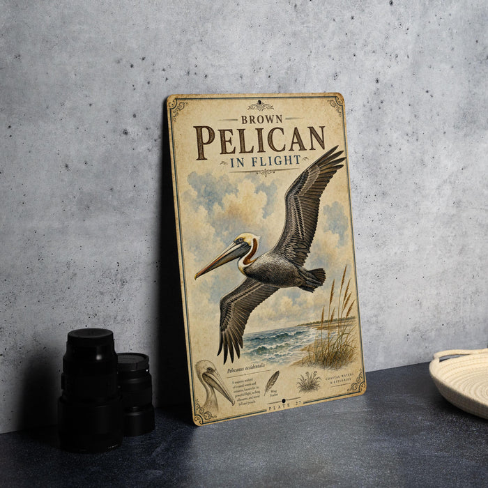 A vintage-style poster of a pelican in flight, with text and illustrations, is displayed on a gray wall next to some black camera lenses.