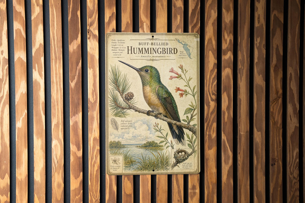a vintage-style metal sign with a detailed illustration of a hummingbird perched on a branch, surrounded by flowers and foliage.