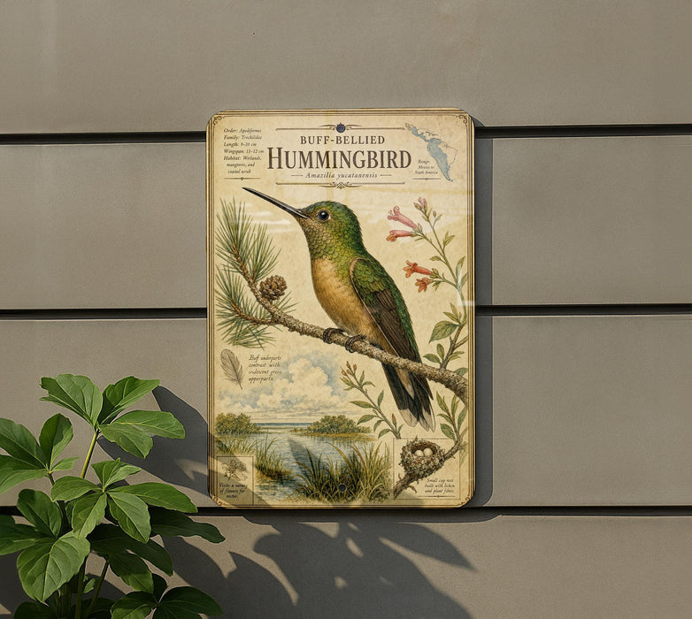 a vintage-style metal sign depicting a hummingbird perched on a branch, surrounded by various flora and fauna.