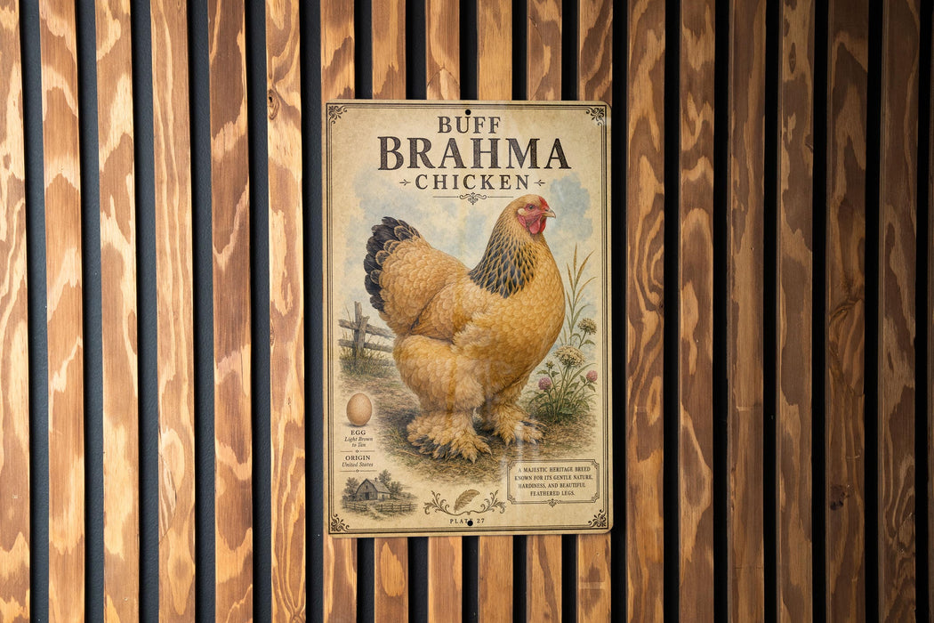 A vintage-style poster of a large, colorful chicken is displayed on a wooden wall.