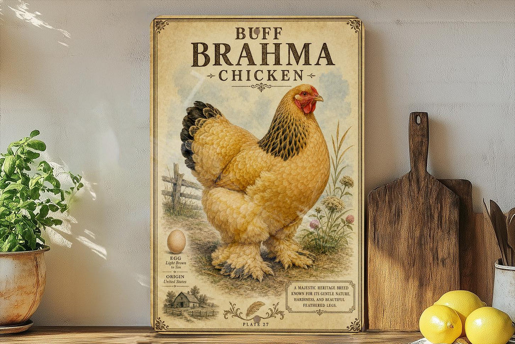 a vintage-style poster of a yellow chicken, with a wooden board and various kitchen utensils in the background.