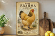 a vintage-style poster of a yellow chicken, with a wooden board and various kitchen utensils in the background.
