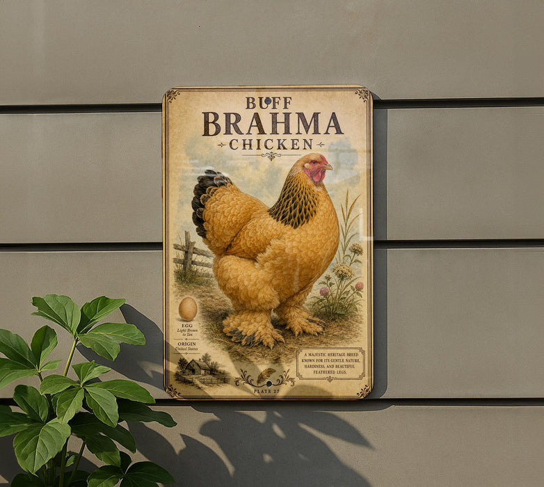 a vintage-style metal sign with a large illustration of a chicken, mounted on a wall.