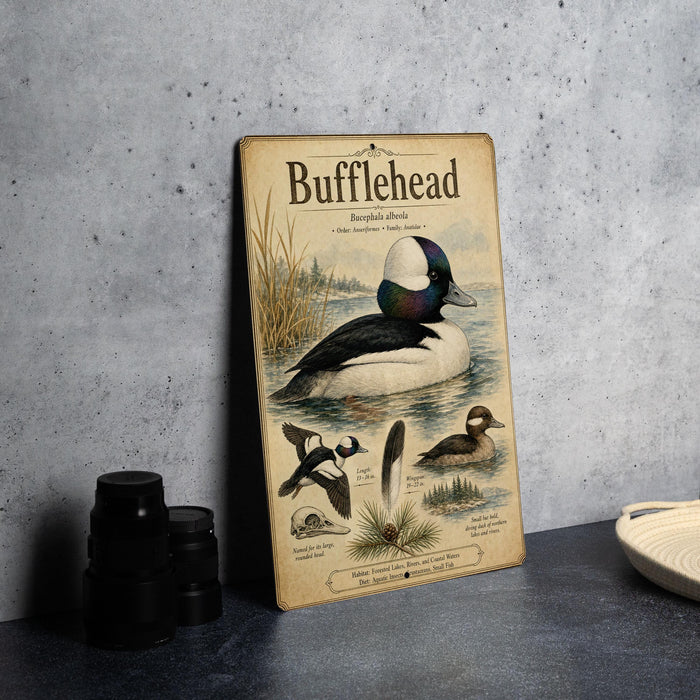 A vintage-style metal plaque with illustrations and text about ducks, specifically the Bufflehead duck, is displayed on a gray countertop.