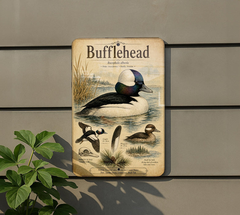 a vintage-style metal sign with illustrations and text about ducks, specifically the Bufflehead duck, mounted on a wall.
