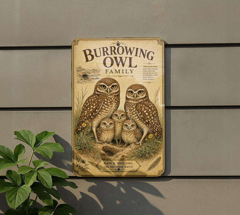 a sign with illustrations of owls, including a burrowing owl family, mounted on a wall.