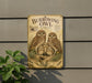 a sign with illustrations of owls, including a burrowing owl family, mounted on a wall.