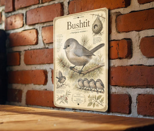 a vintage-style metal sign with illustrations and text, mounted on a brick wall.