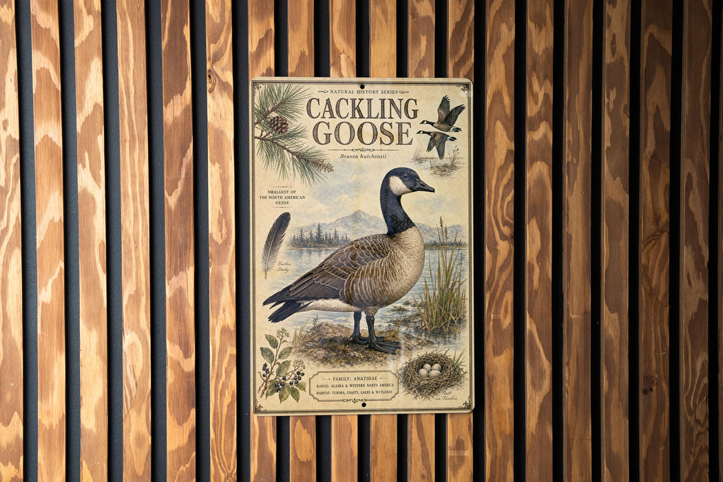 A vintage-style metal sign featuring a large illustration of a Canadian goose, surrounded by various natural elements such as pine trees, grass, and a bird's nest.