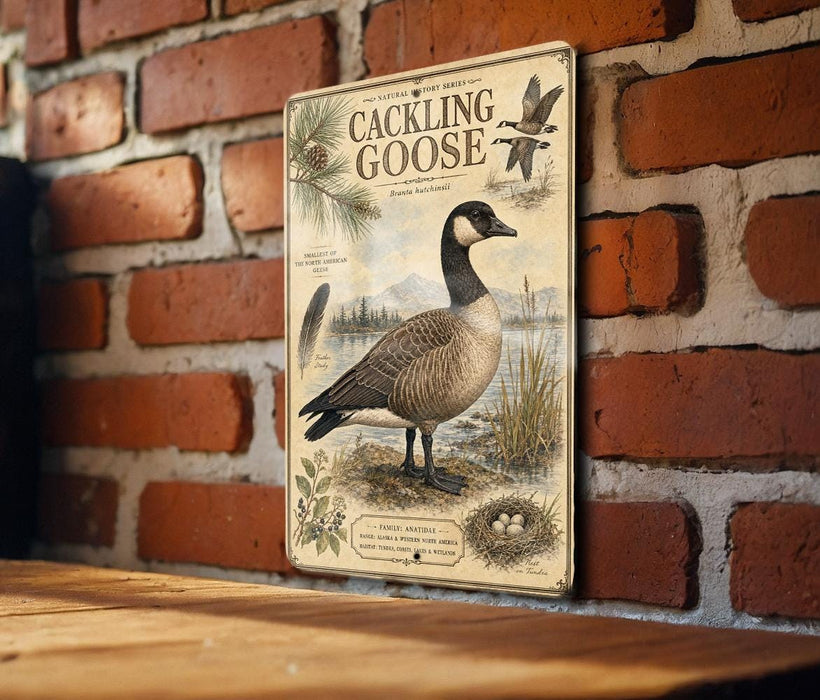 a vintage-style metal sign with a depiction of a Canadian goose, mounted on a brick wall.