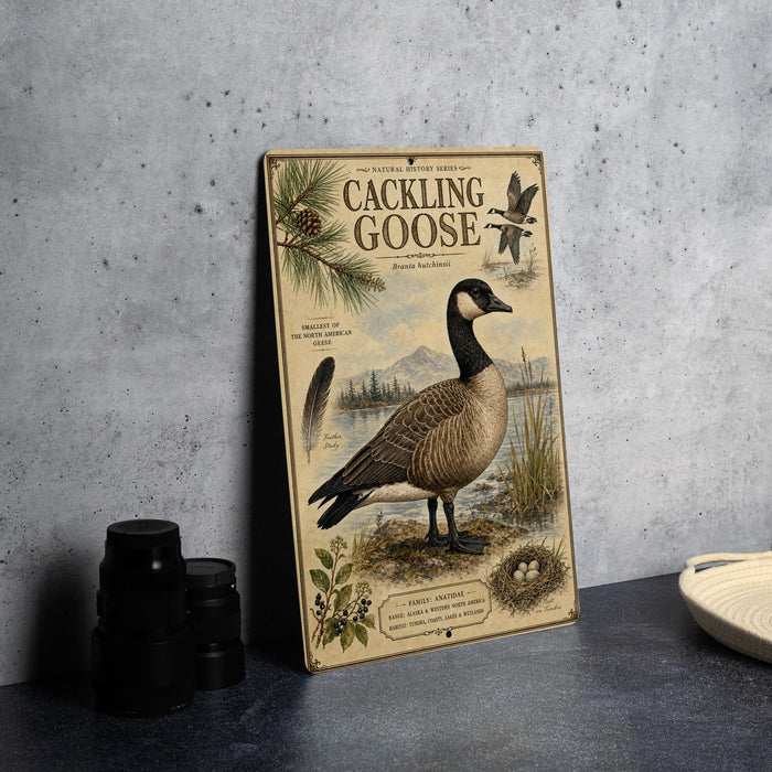 A vintage-style metal sign featuring a detailed illustration of a Canadian goose, with text and decorative elements.