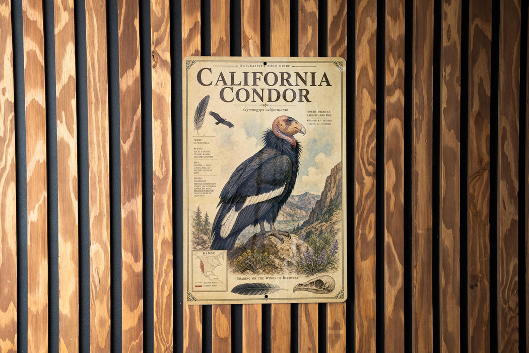 a poster of a California condor, a large bird of prey, mounted on a wooden wall.