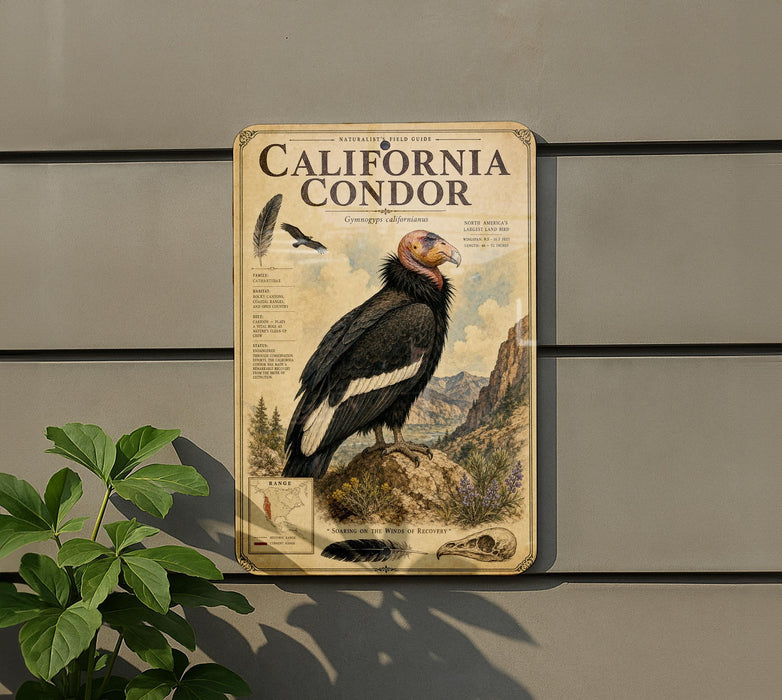 a vintage-style metal sign with illustrations and text, mounted on a wall next to a plant.