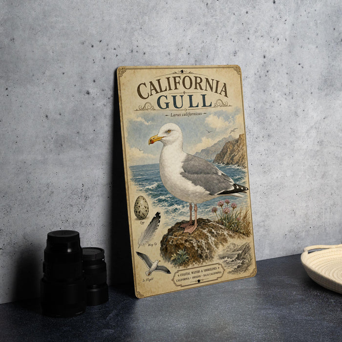 A vintage-style metal plate with an illustration of a seagull standing on a rock, surrounded by various bird-related elements, such as a bird's nest and a bird's wing.