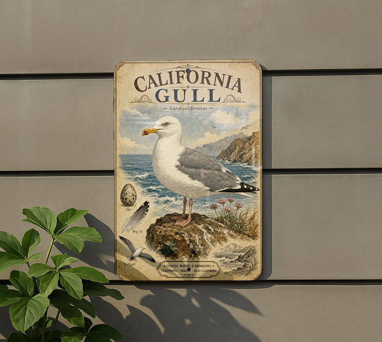 A vintage-style metal sign with a seagull illustration, mounted on a wall next to a plant.
