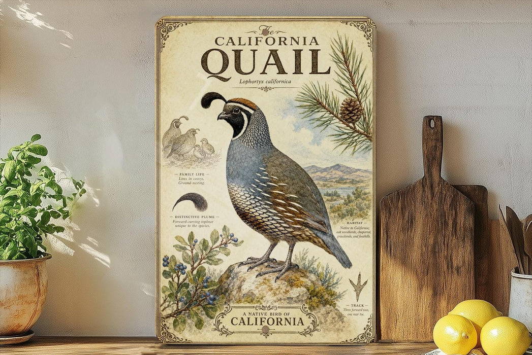 a vintage-style poster of a California quail, a bird native to California, displayed on a wall. The poster includes illustrations and text that provide information about the California quail, such as its habitat, diet, and behavior.